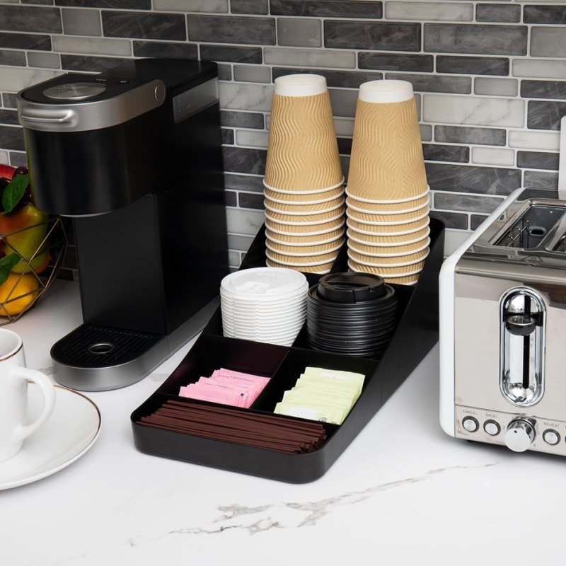 deflecto coffee and tea station organiser, black, 10 compartments, polystyrene, 440×280×130 mm
